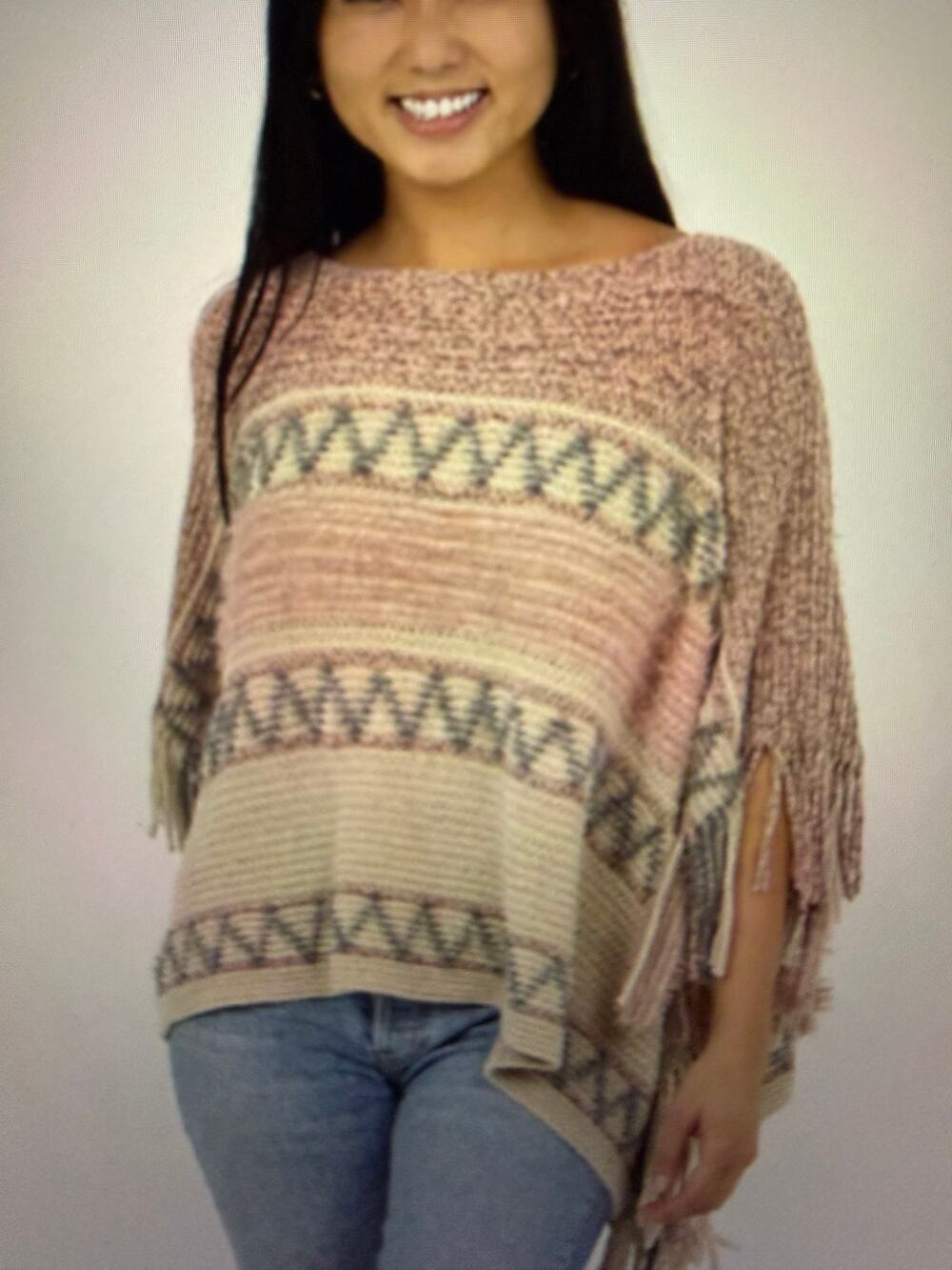ANGIE Side Fringe Pull-on Sweater Poncho w/Arm Holes One Size
